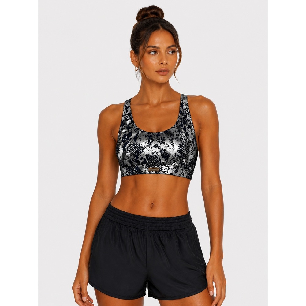 Minibeast Silver Dark Blue Metallic Snakeskin‎ Sports Bra S Activewear NWOT New